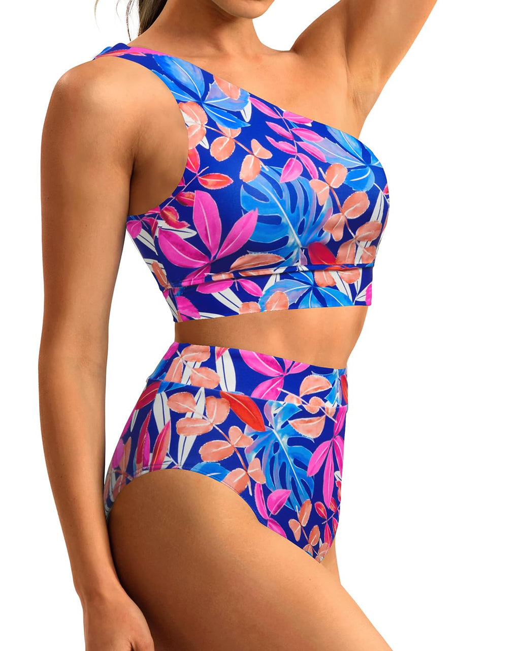 Danae & Melina - Conjunto de bikini de cintura alta con un solo hombro, efecto moldeador - Hojas de colores