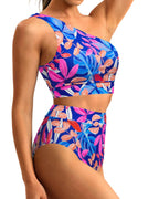 Danae & Melina - Conjunto de bikini de cintura alta con un solo hombro, efecto moldeador - Hojas de colores