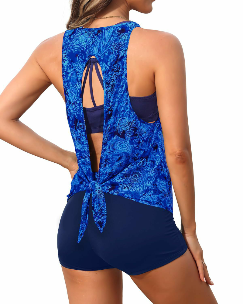 Danae & Melina - Tankini de 3 piezas con cuello redondo y tiras cruzadas - Paisley azul
