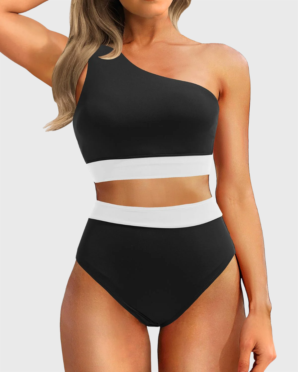 Danae & Melina - Conjunto de bikini de cintura alta con un solo hombro, efecto moldeador - Negro y blanco