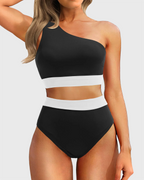 Danae & Melina - Conjunto de bikini de cintura alta con un solo hombro, efecto moldeador - Negro y blanco