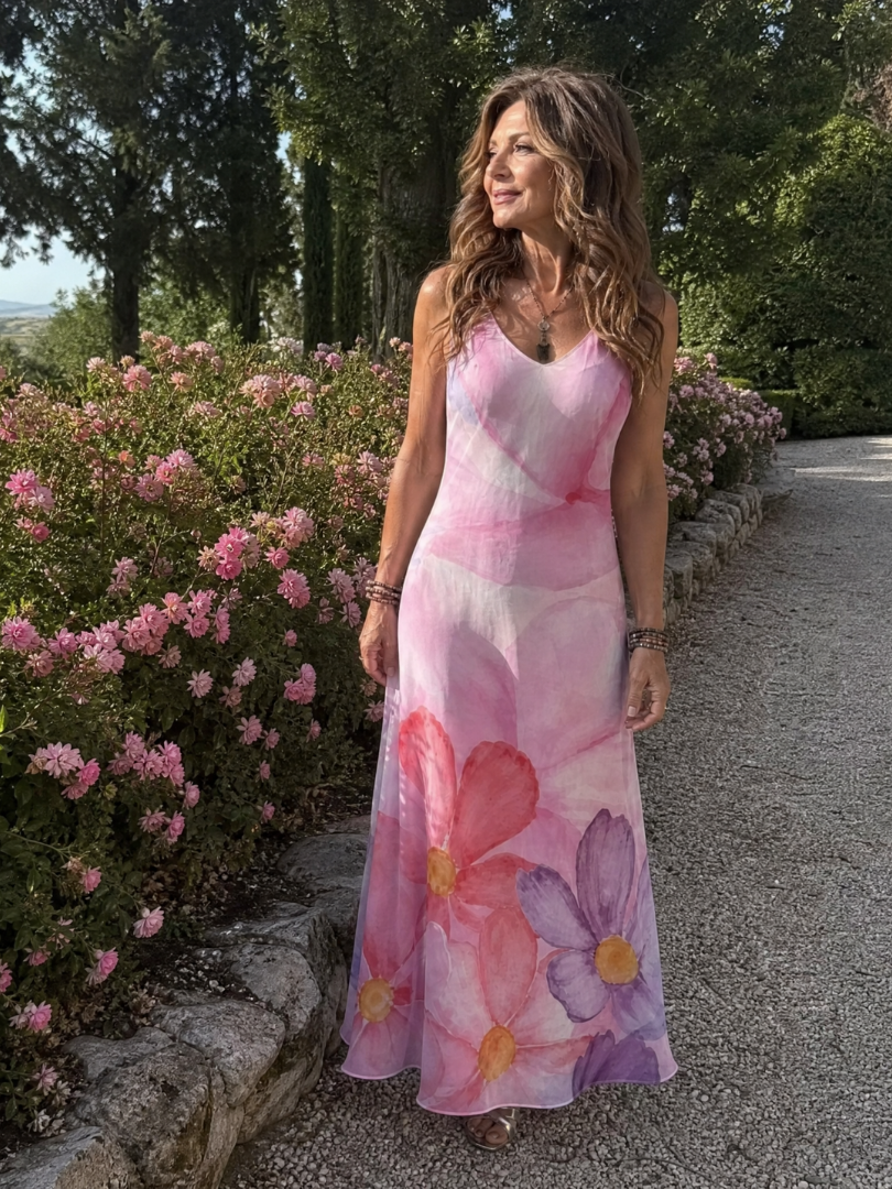 Nemen | Vestido midi fluido sin mangas con delicado estampado floral en acuarela