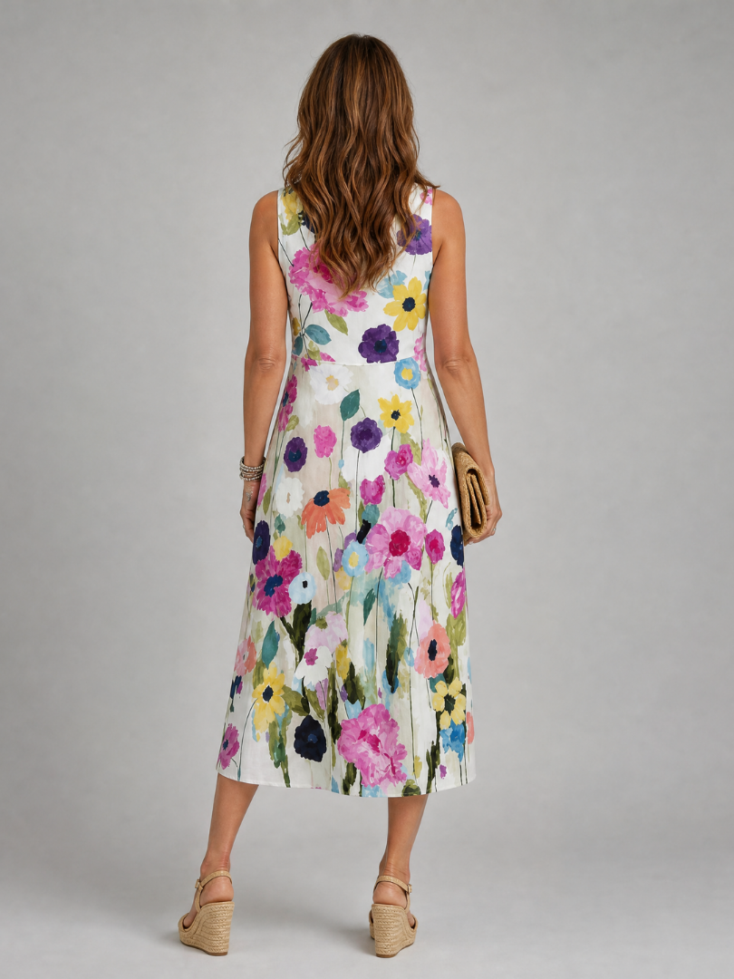 Flor | Vestido midi con estampado floral, sin mangas y cuello redondo