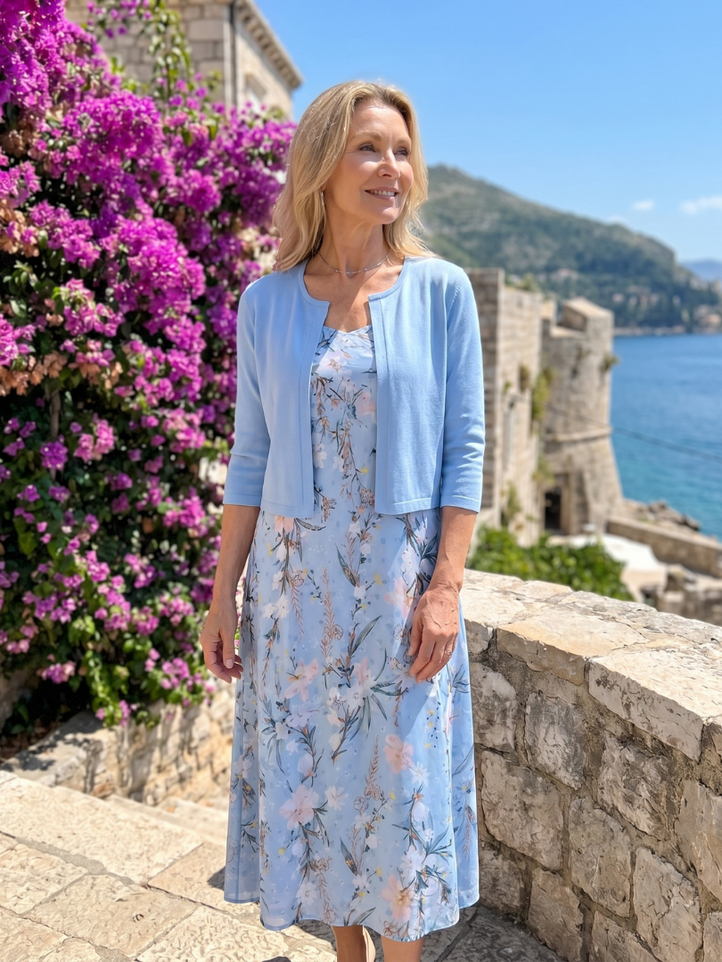 Celeste | Μίντι φόρεμα με φλοράλ σχέδιο και ασορτί κοντό αμάνικο σακάκι