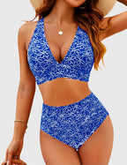 Danae & Melina - Conjunto de bikini de cintura alta con bordado floral, cuello en V y efecto moldeador