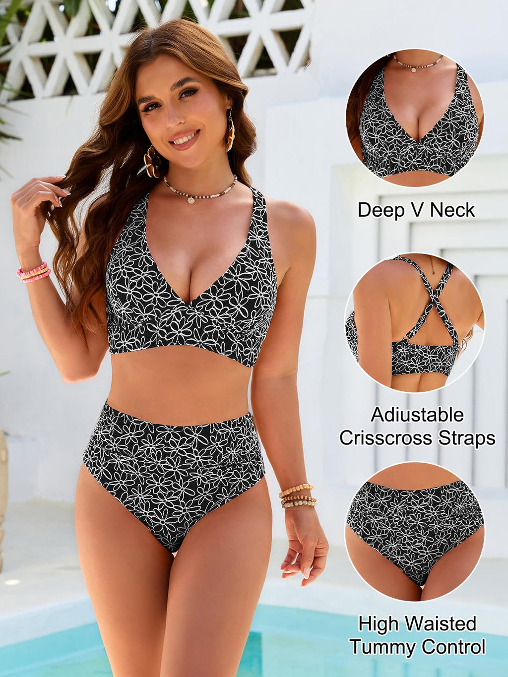 Danae & Melina - Conjunto de bikini de cintura alta con bordado floral, cuello en V y efecto moldeador