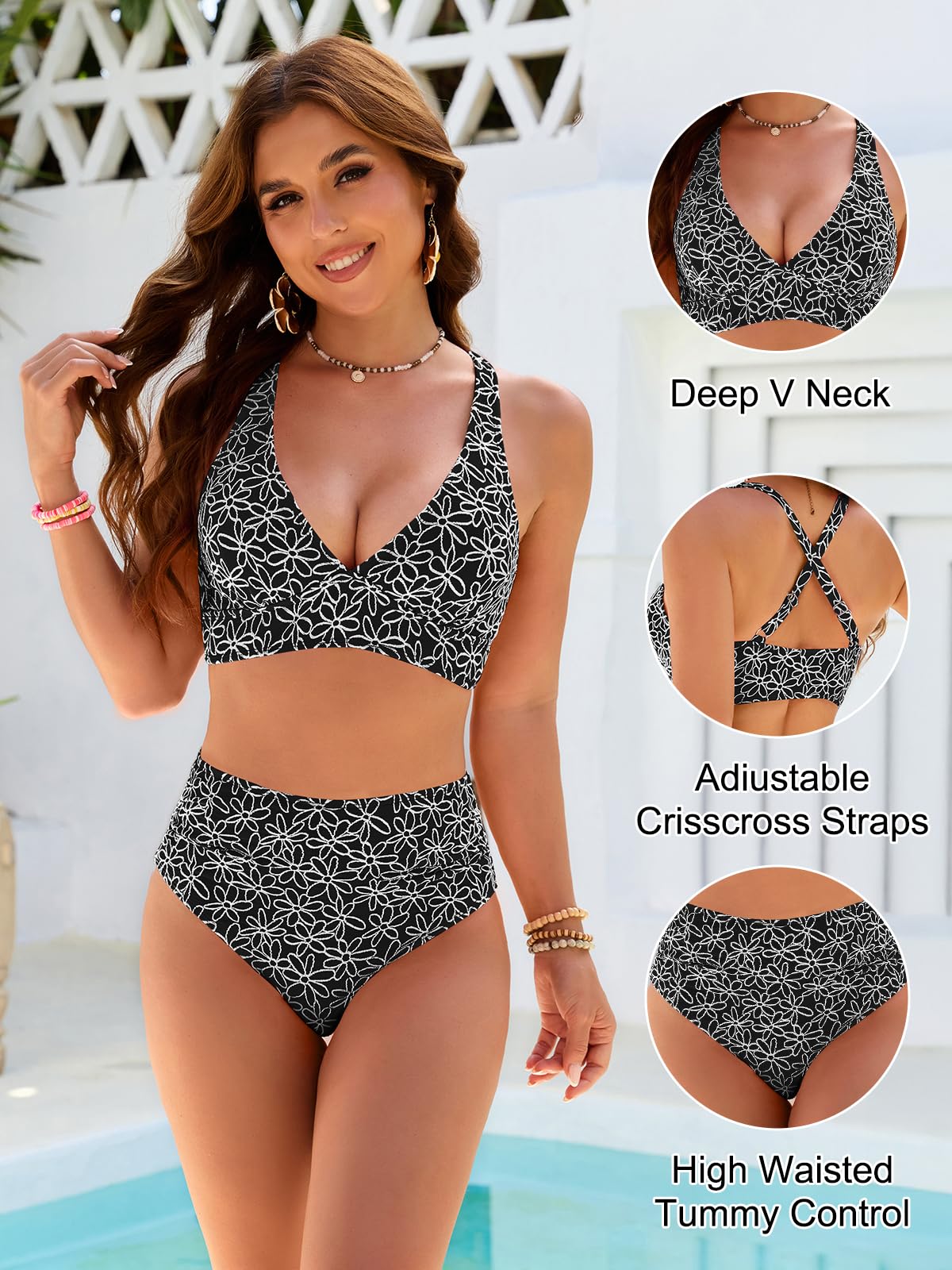 Danae & Melina - Conjunto de bikini de cintura alta con bordado floral, cuello en V y efecto moldeador