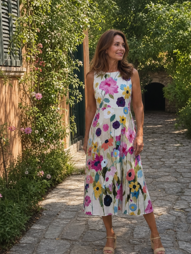Flor | Vestido midi con estampado floral, sin mangas y cuello redondo