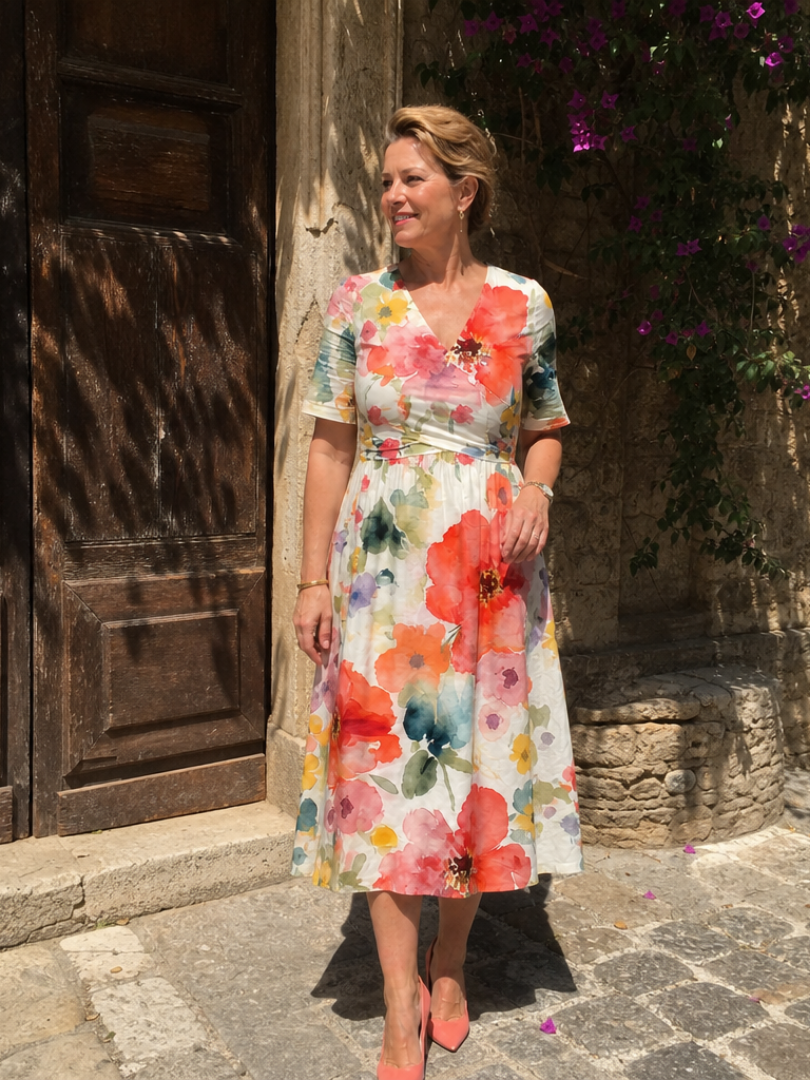 Corinne | Φόρεμα μίντι με φλοράλ στάμπα, V ντεκολτέ και κοντά μανίκια