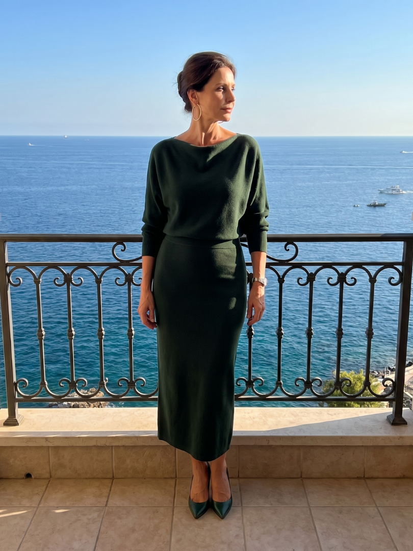 Romy | Μίντι φόρεμα με ντραπέ λαιμόκοψη και εφαρμοστή φούστα