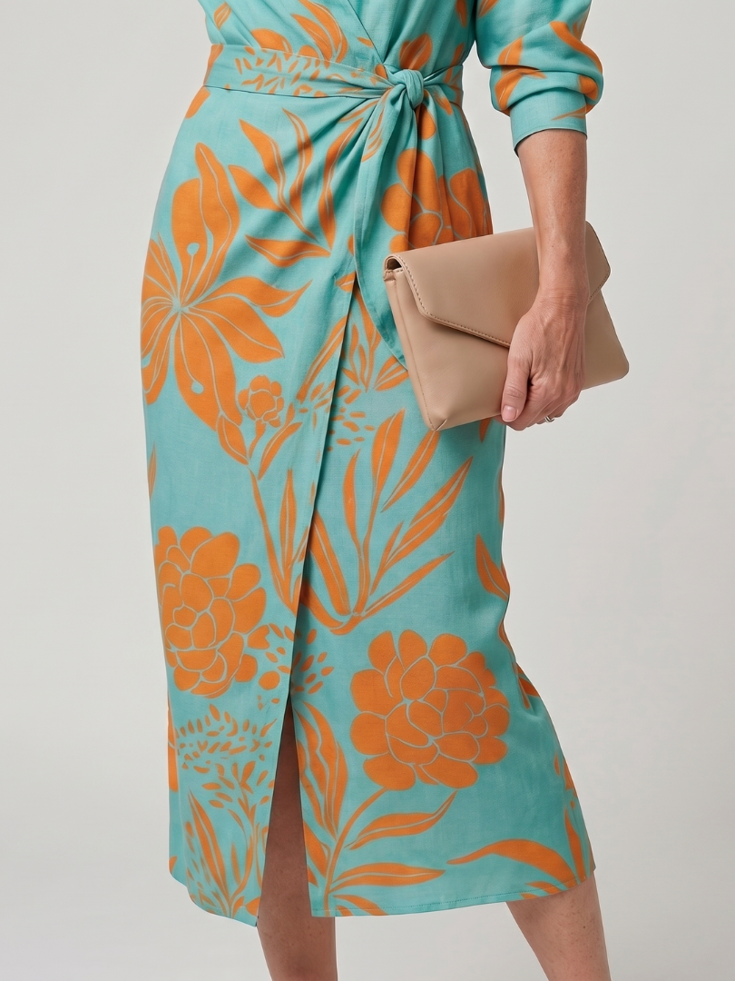 Leya | Vestido midi cruzado de rayas, con cuello camisero y mangas largas
