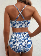 Danae & Melina - Bikini de dos piezas verano 2026, corte en U, cintura alta - Floral azul