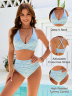 Danae & Melina - Conjunto de bikini de cintura alta con bordado floral, cuello en V y efecto moldeador