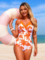 Danae & Melina - Bañador de una pieza tropical con palmeras, cuello en V halter y efecto moldeador