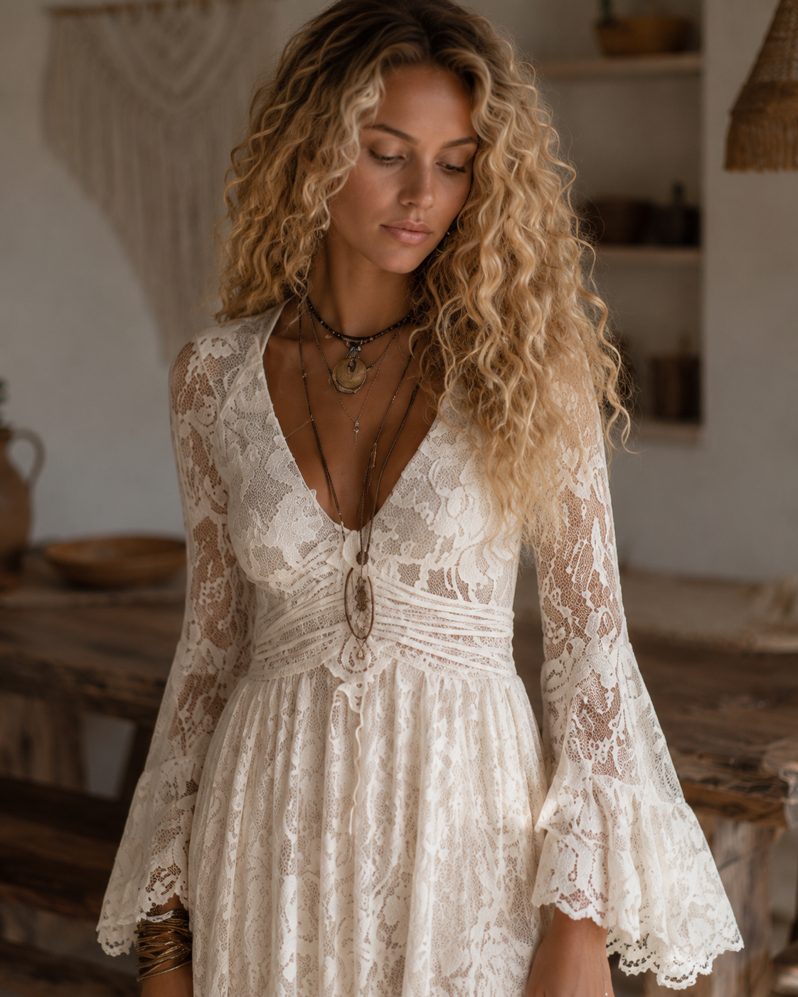 Serena | Μάξι Δαντελένιο Φόρεμα με Καμπάνα Μανίκια, Ιβουάρ