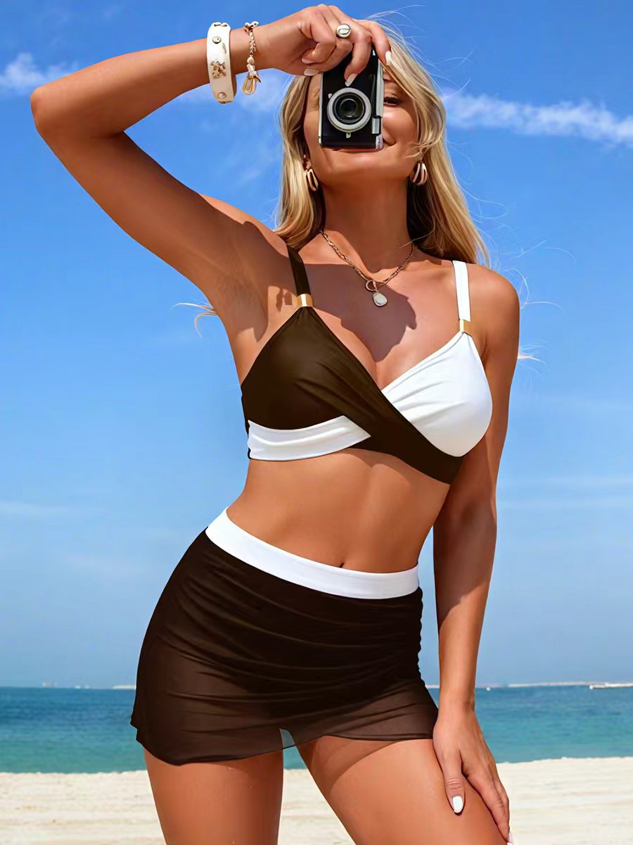 Danae & Melina - Conjunto de bikini de cintura alta moldeador con falda de malla para tallas grandes