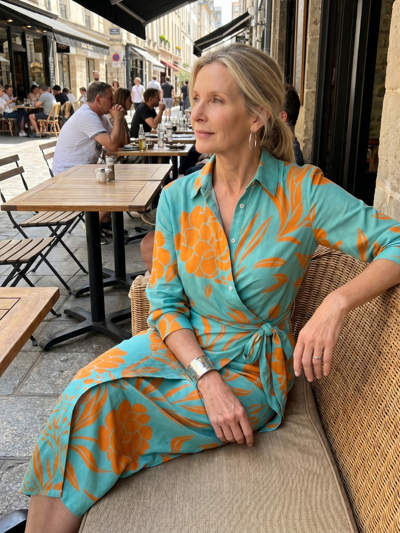 Leya | Vestido midi cruzado de rayas, con cuello camisero y mangas largas