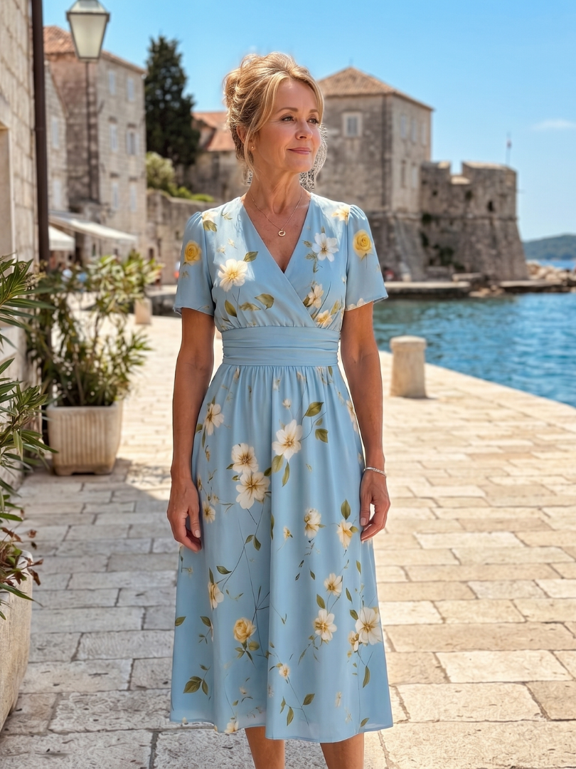 Marion | Vestido midi con estampado floral, escote en V y mangas cortas