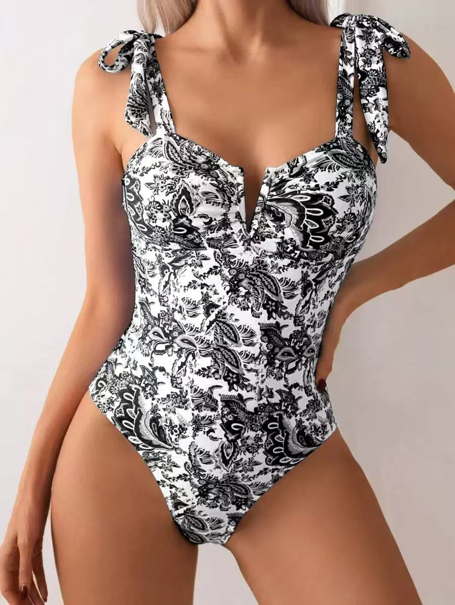 Danae & Melina - Bañador de una pieza moldeador, cuello en V, estilo boho con hombro atado y fruncido