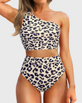 Danae & Melina - Conjunto de bikini de cintura alta con un solo hombro, efecto moldeador - Leopardo