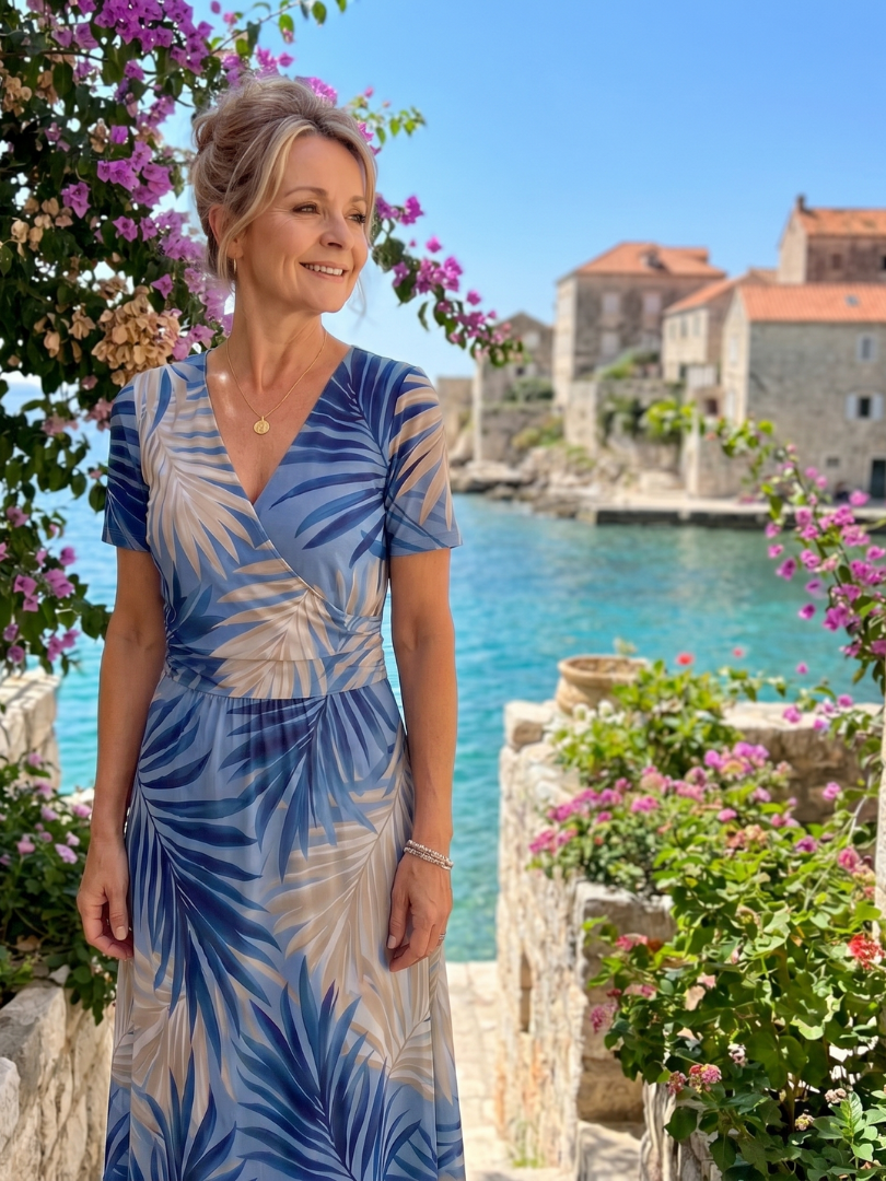 Marion | Vestido midi con estampado floral, escote en V y mangas cortas