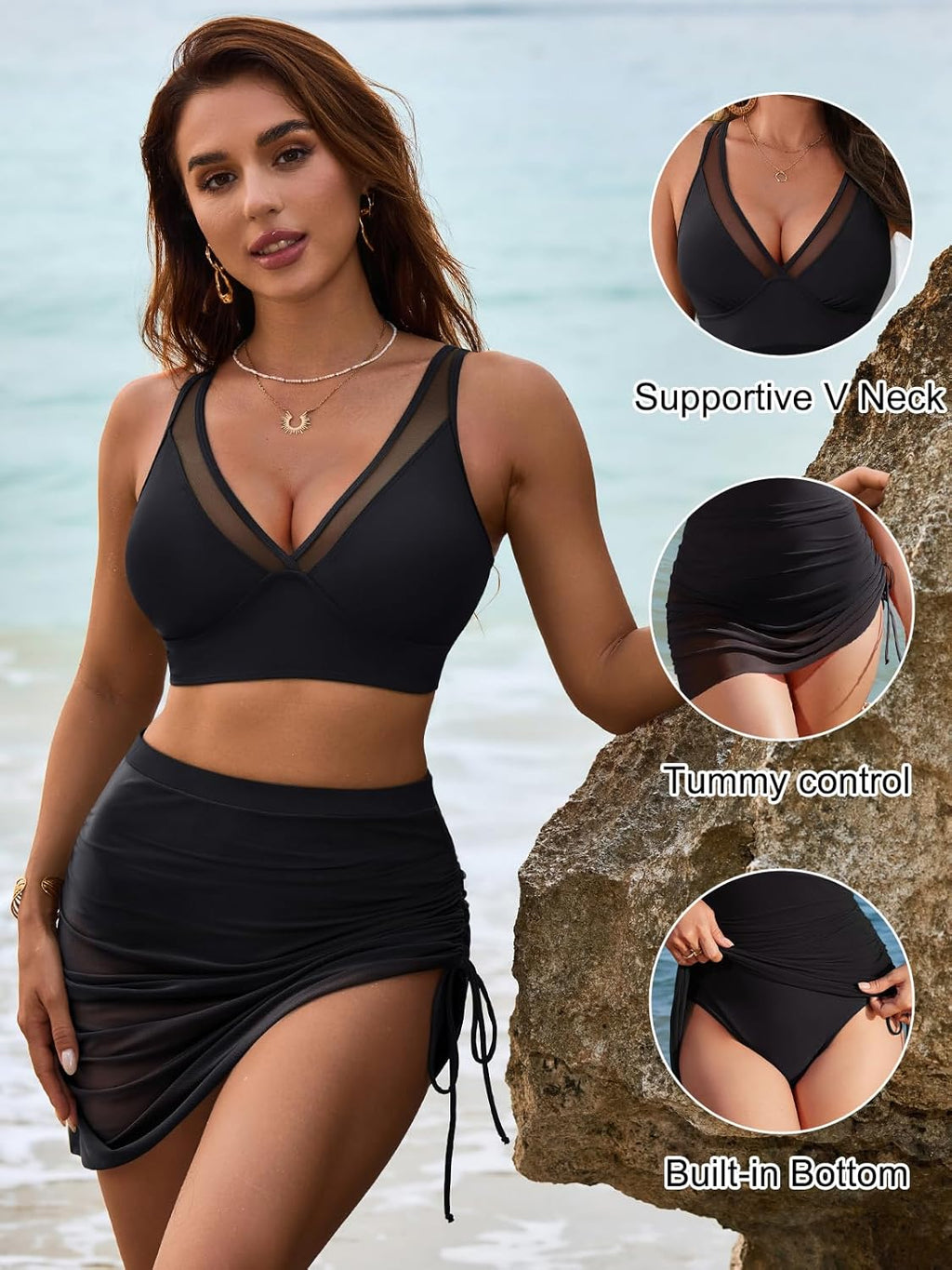Danae & Melina - Conjunto de bikini de cintura alta con falda de baño y pareo de malla moldeador