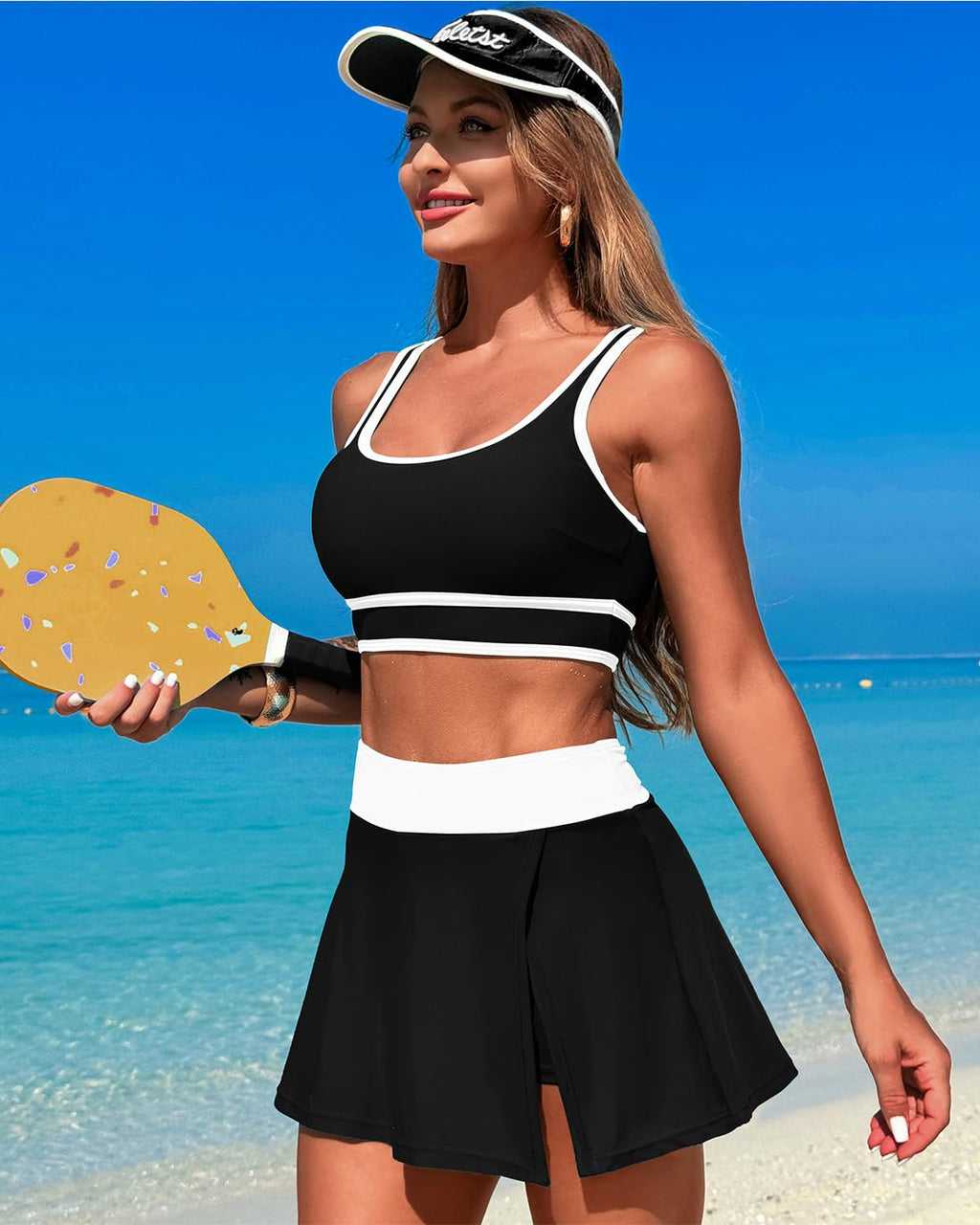 Danae & Melina - Conjunto de bikini de cintura alta con falda y efecto moldeador en bloques de color