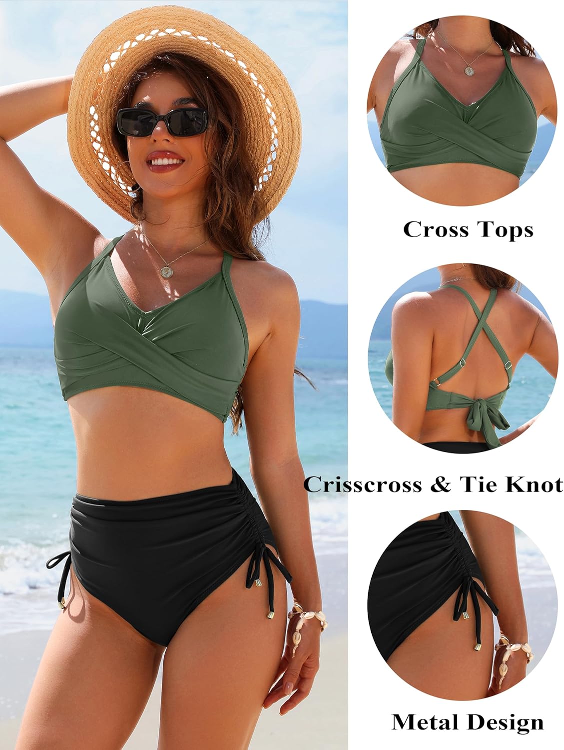 Danae & Melina - Conjunto de bikini de cintura alta con cordón, efecto moldeador y tiras cruzadas