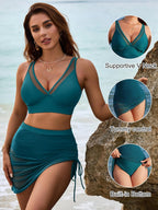 Danae & Melina - Conjunto de bikini de cintura alta con falda de baño y pareo de malla moldeador