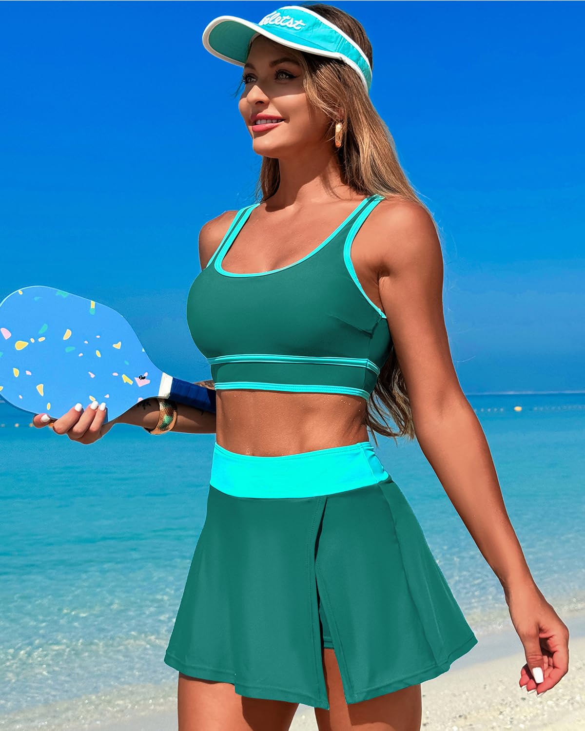 Danae & Melina - Conjunto de bikini de cintura alta con falda y efecto moldeador en bloques de color