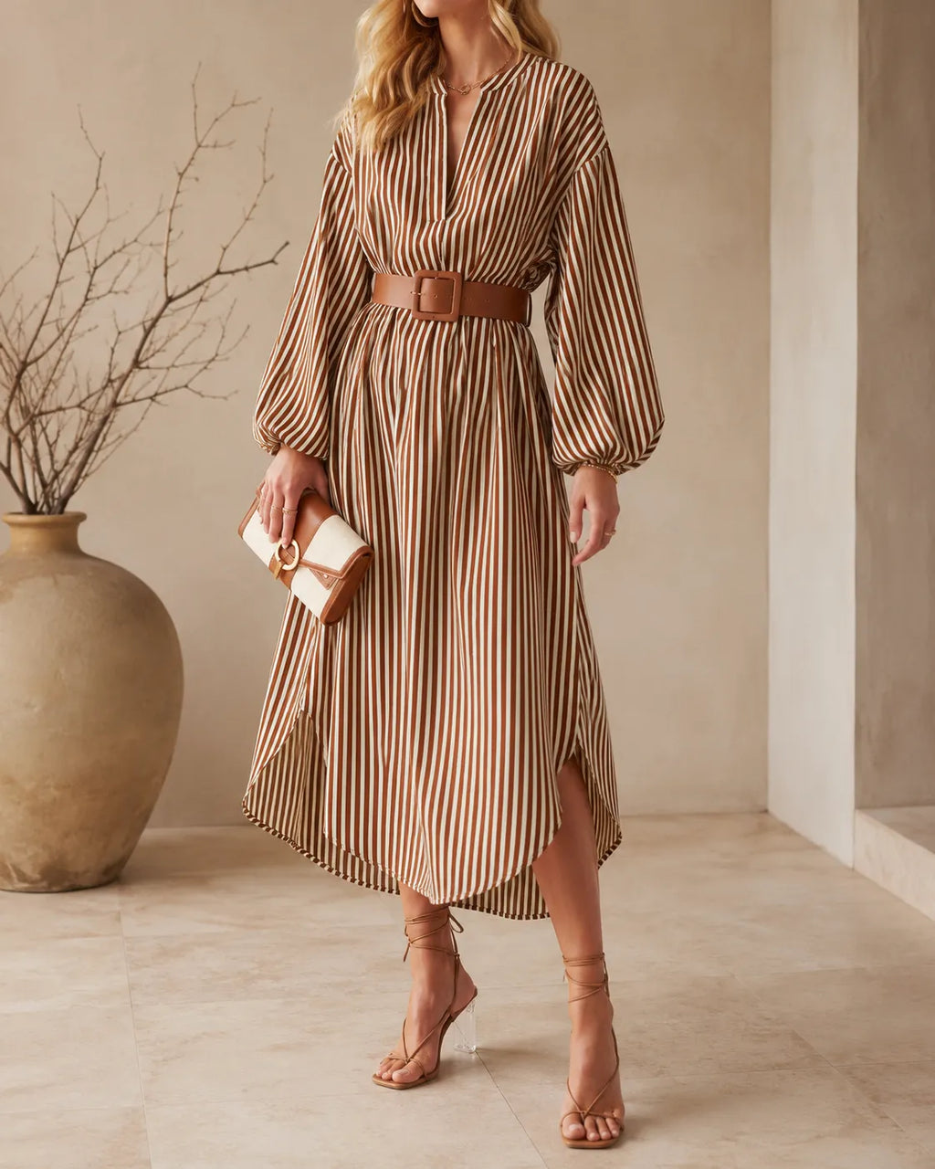 Irene | Belted Striped Midi Shirt Dress