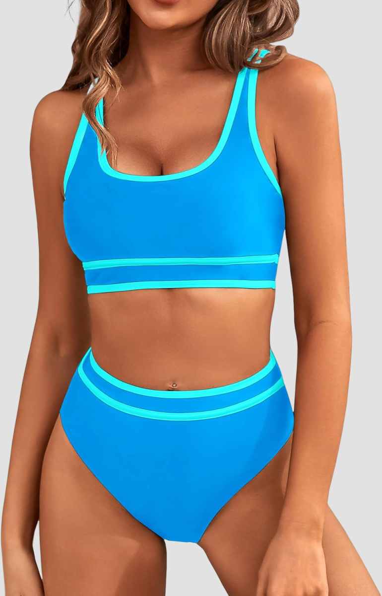 Danae & Melina - Conjunto de bikini deportivo de dos piezas y cintura alta en bloques de color con corte alto