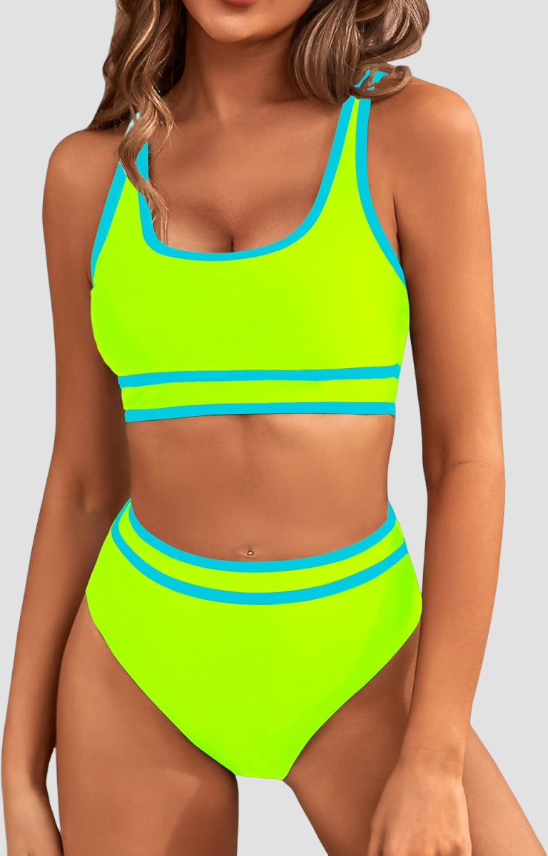Danae & Melina - Conjunto de bikini deportivo de dos piezas y cintura alta en bloques de color con corte alto