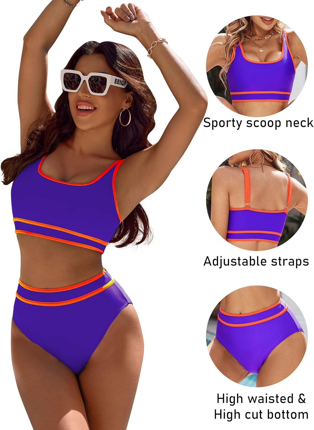 Danae & Melina - Conjunto de bikini deportivo de dos piezas y cintura alta en bloques de color con corte alto