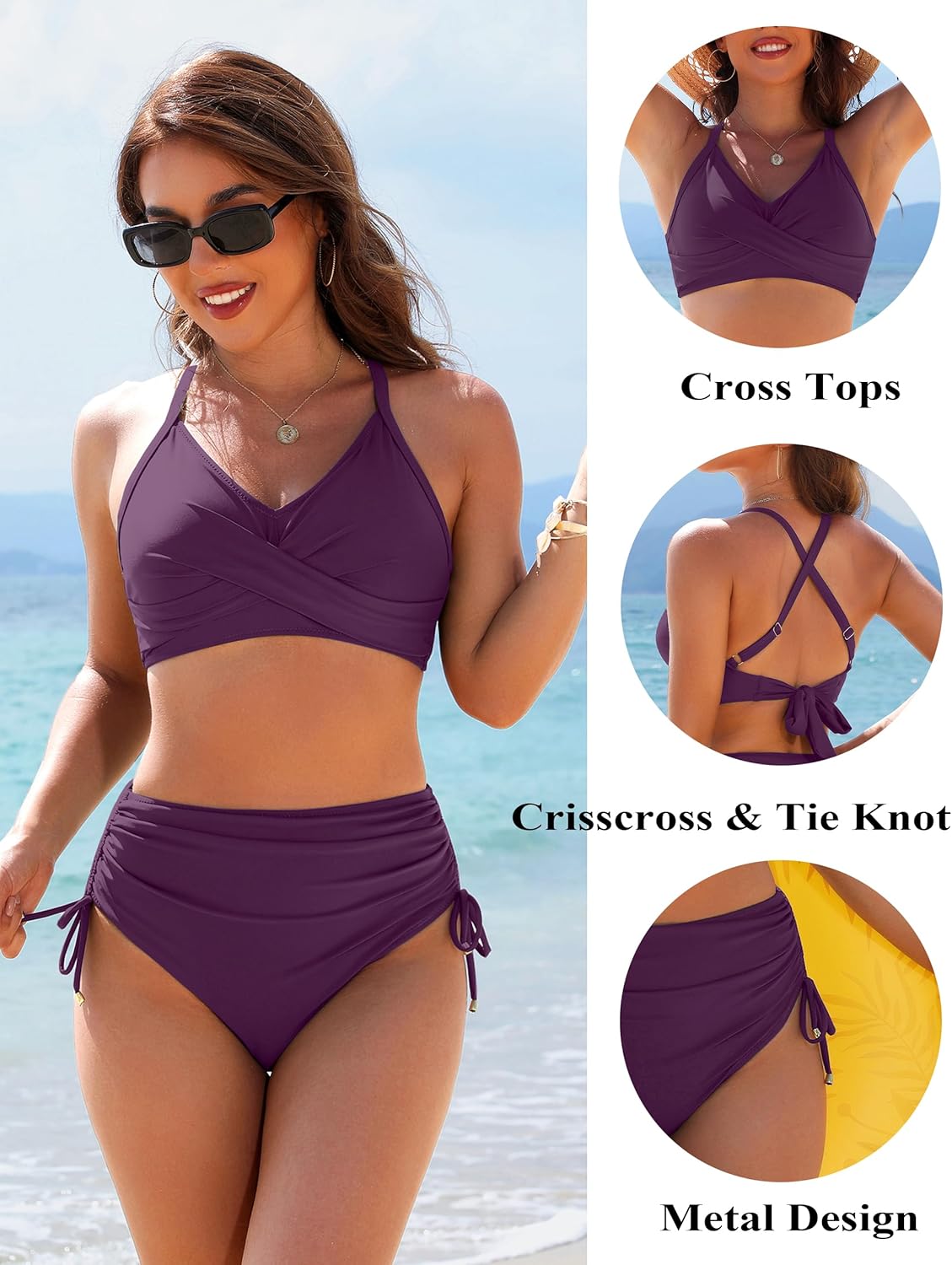 Danae & Melina - Conjunto de bikini de cintura alta con cordón, efecto moldeador y tiras cruzadas