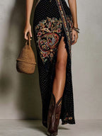 Danae & Melina - Vestido Estampado Estilo Bohemio con Escote en V Profundo y Raja Alta