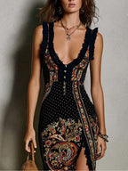 Danae & Melina - Vestido Estampado Estilo Bohemio con Escote en V Profundo y Raja Alta