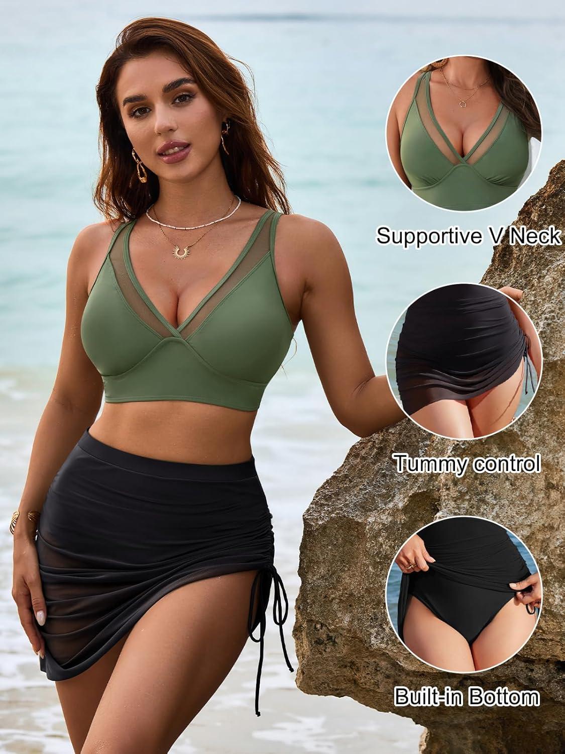 Danae & Melina - Conjunto de bikini de cintura alta con falda de baño y pareo de malla moldeador