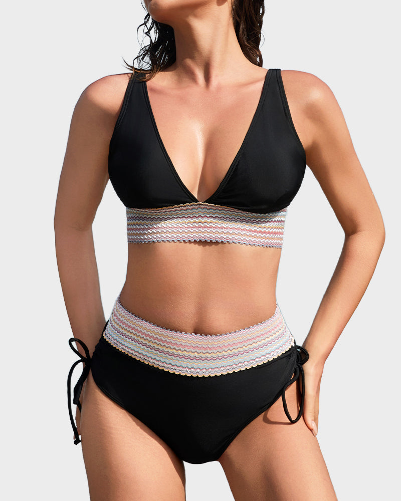 Danae & Melina - Conjunto de bikini de cintura alta en bloques de color con efecto moldeador