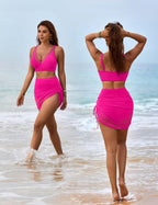 Danae & Melina - Conjunto de bikini de cintura alta con falda de baño y pareo de malla moldeador