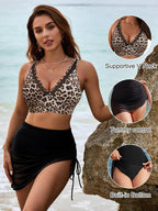 Danae & Melina - Conjunto de bikini de cintura alta con falda de baño y pareo de malla moldeador