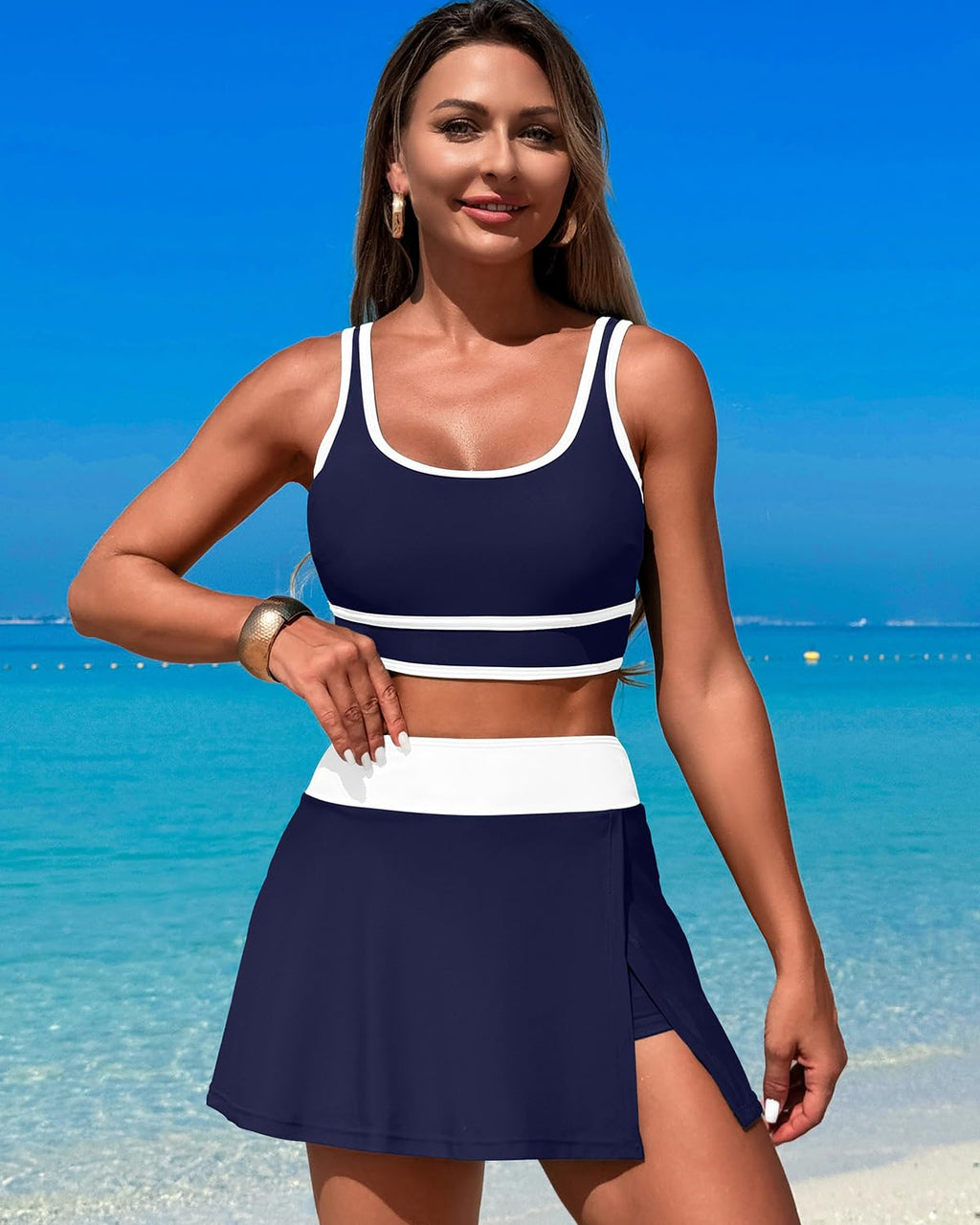 Danae & Melina - Conjunto de bikini de cintura alta con falda y efecto moldeador en bloques de color