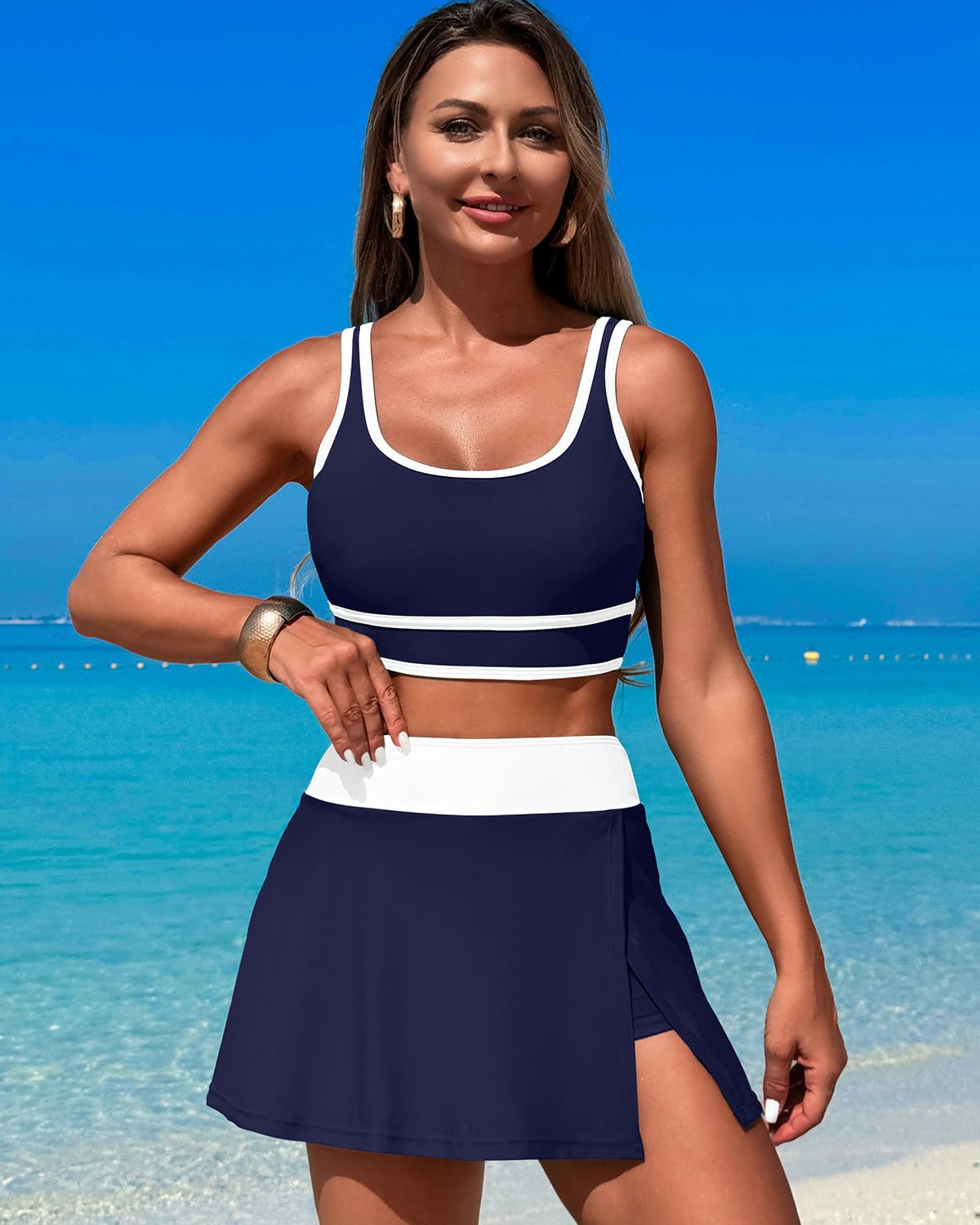 Danae & Melina - Conjunto de bikini de cintura alta con falda y efecto moldeador en bloques de color