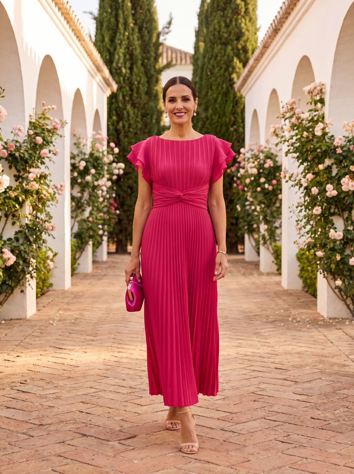 SERAPHINA | Vestido maxi plisado, elegante, con detalle de nudo en la cintura