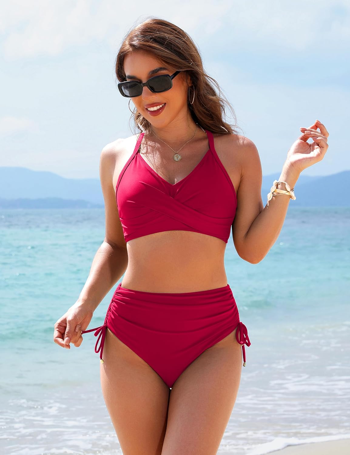 Danae & Melina - Conjunto de bikini de cintura alta con cordón, efecto moldeador y tiras cruzadas
