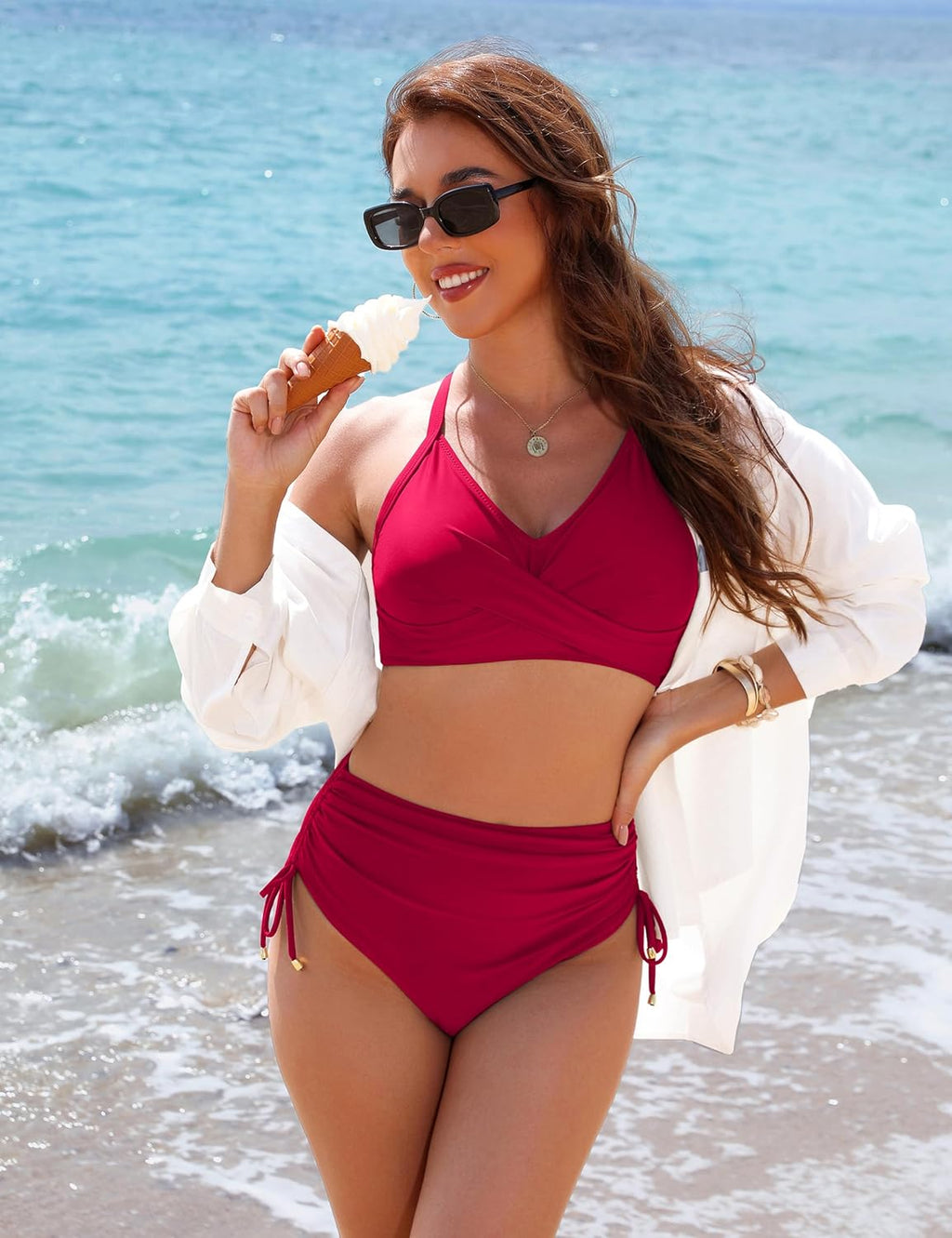 Danae & Melina - Conjunto de bikini de cintura alta con cordón, efecto moldeador y tiras cruzadas