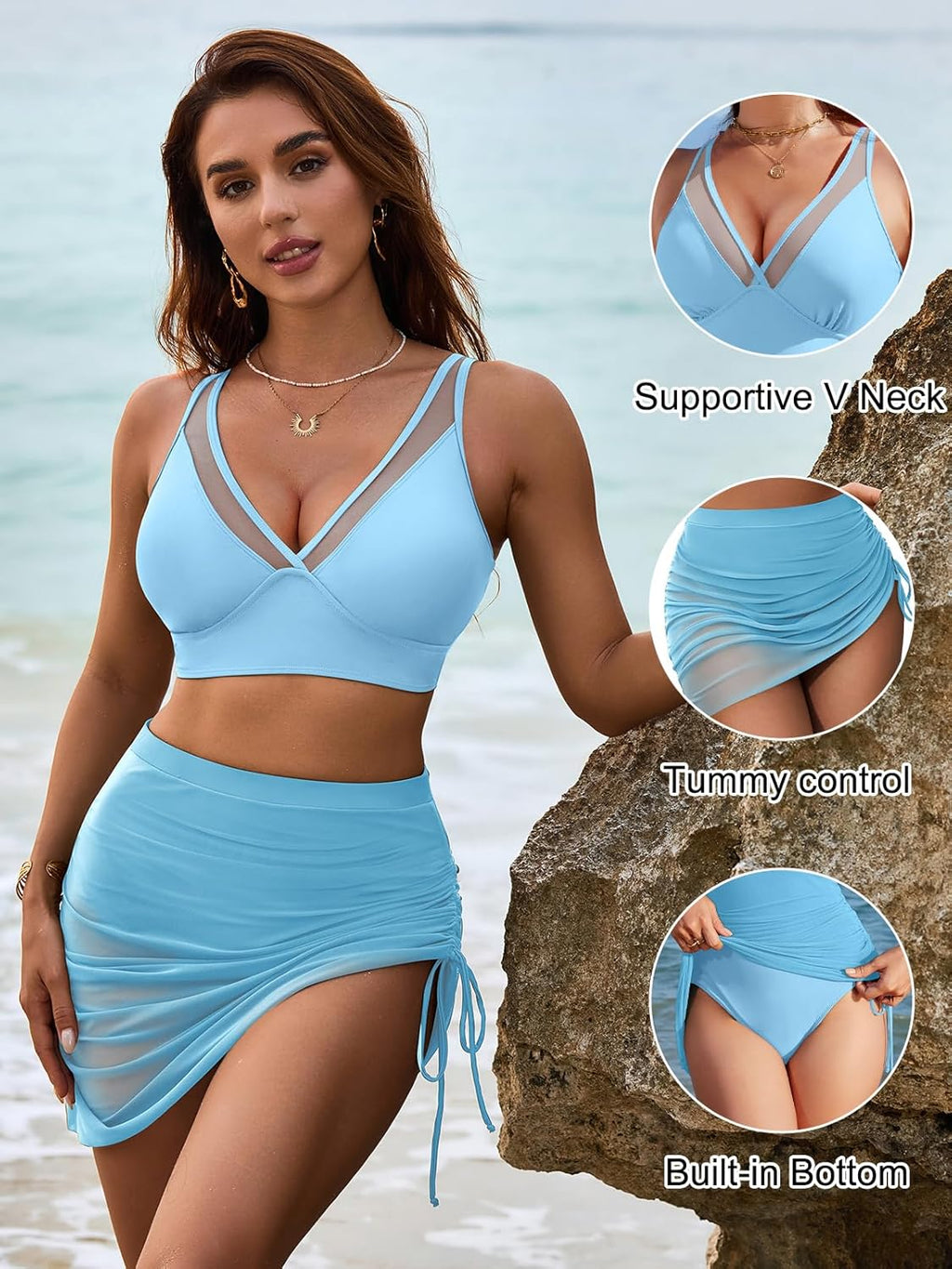 Danae & Melina - Conjunto de bikini de cintura alta con falda de baño y pareo de malla moldeador