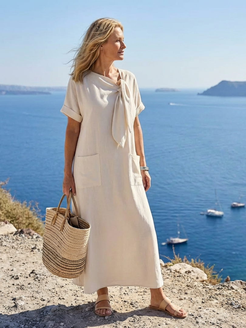 Elowyn | Μάξι Φόρεμα με Στρογγυλή Λαιμόκοψη και Τσέπες