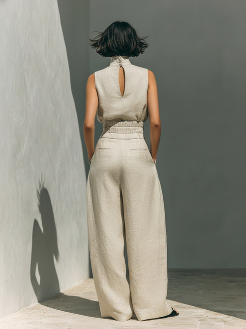 Aurora | Conjunto Coordinado Beis sin Mangas con Pantalón Ancho Relajado