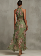 Serena — Vestido Maxi Halter de Gasa Floral Elegante